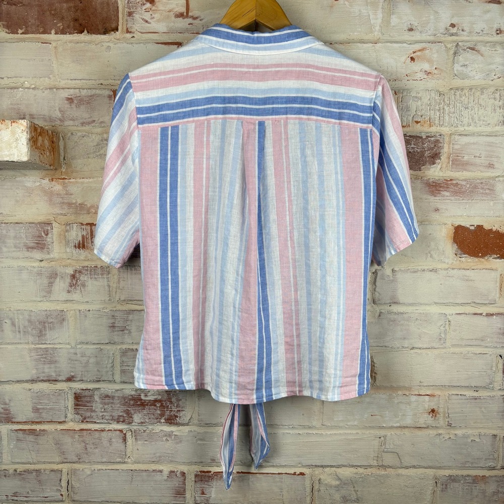 Alexa Admor Linen Cotton Tie Front Striped Coastal Resort Blouse - Picture 3 of 8